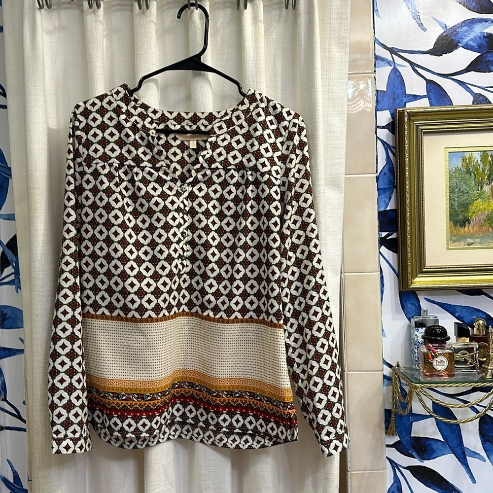 Women’s Anthropologie Skies Are Blue White Multicolor Boho Blouse Size XS